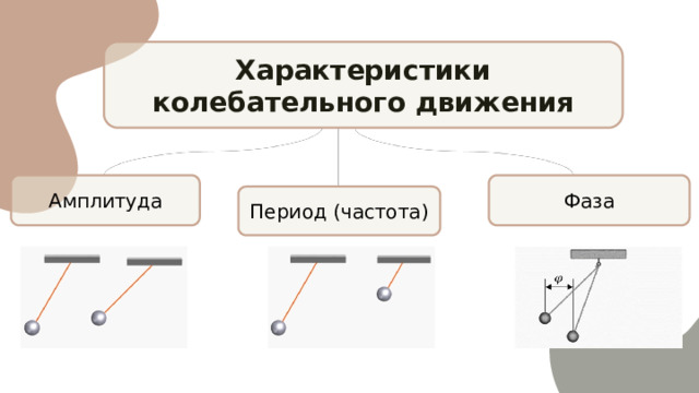 Характеристики колебательного движения Амплитуда Фаза Период (частота) 