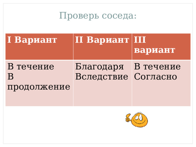 Проверь соседа: I Вариант II Вариант В течение III вариант В продолжение Благодаря Вследствие В течение Согласно 