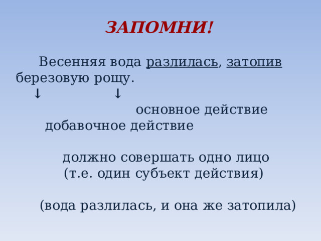 ЗАПОМНИ! Весенняя вода разлилась , затопив березовую рощу. ↓ ↓ основное действие добавочное действие   должно совершать одно лицо  (т.е. один субъект действия)   (вода разлилась, и она же затопила)   