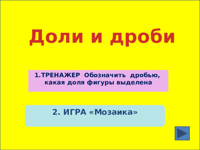 Доли и дроби 1.ТРЕНАЖЕР Обозначить дробью, какая доля фигуры выделена 2. ИГРА «Мозаика» 