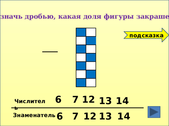Обозначь дробью, какая доля фигуры закрашена ? подсказка 12 6 7 14 13 Числитель 14 13 12 7 6 Знаменатель 