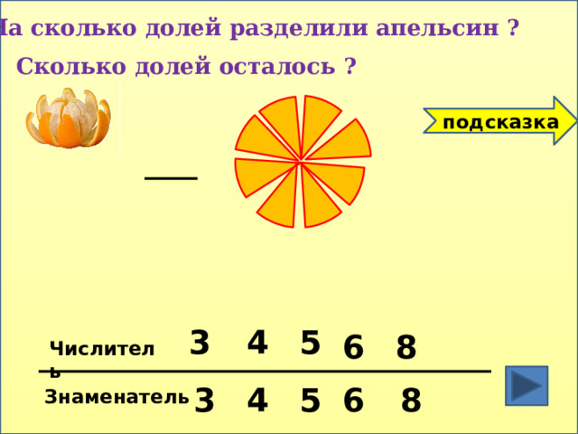 На сколько долей разделили апельсин ? Сколько долей осталось ? подсказка 5 4 3 6 8 Числитель 6 8 5 4 3 Знаменатель 