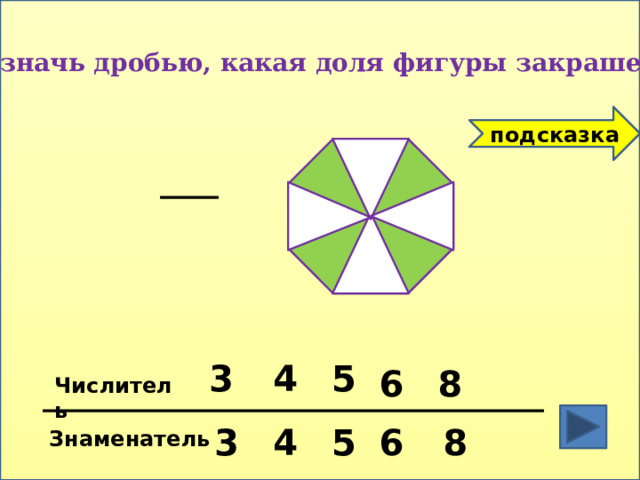 Обозначь дробью, какая доля фигуры закрашена ? подсказка 4 5 3 6 8 Числитель 4 5 3 6 8 Знаменатель 