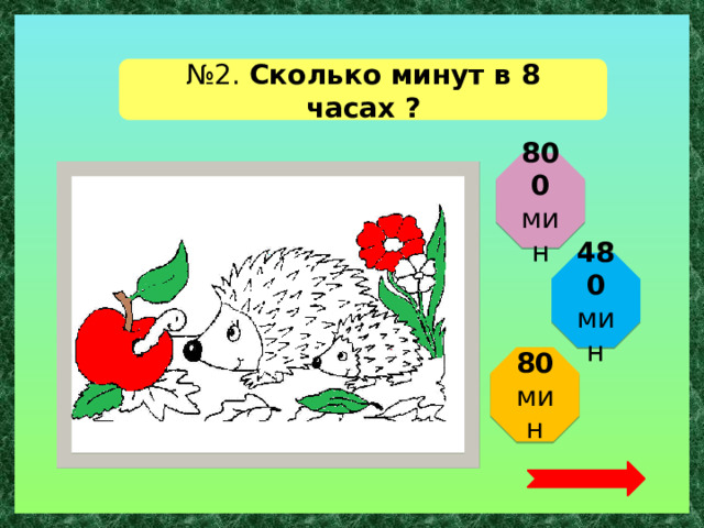 № 2. Сколько минут в 8 часах ? 800 мин 480 мин 80 мин  