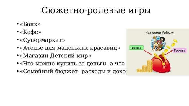 Сюжетно-ролевые игры «Банк» «Кафе» «Супермаркет» «Ателье для маленьких красавиц» «Магазин Детский мир» «Что можно купить за деньги, а что нет» «Семейный бюджет: расходы и доходы» 