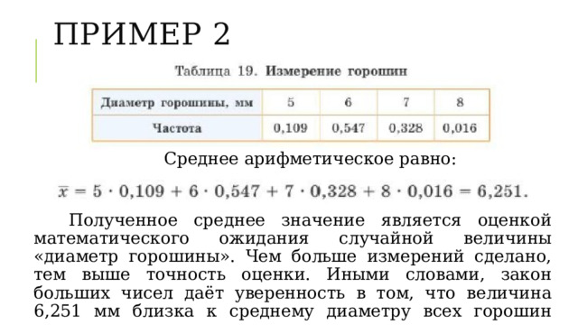 Пример 2 Среднее арифметическое равно: Полученное среднее значение является оценкой математического ожидания случайной величины «диаметр горошины». Чем больше измерений сделано, тем выше точность оценки. Иными словами, закон больших чисел даёт уверенность в том, что величина 6,251 мм близка к среднему диаметру всех горошин этого сорта, выращенных в похожих условиях. 
