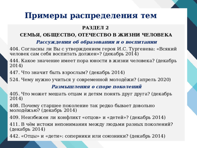 Примеры распределения тем РАЗДЕЛ 2 СЕМЬЯ, ОБЩЕСТВО, ОТЕЧЕСТВО В ЖИЗНИ ЧЕЛОВЕКА Рассуждения об образовании и о воспитании 404. Согласны ли Вы с утверждением героя И.С. Тургенева: «Всякий человек сам себя воспитать должен»? (декабрь 2014) 444. Какое значение имеет пора юности в жизни человека? (декабрь 2014) 447. Что значит быть взрослым? (декабрь 2014) 524. Чему нужно учиться у современной молодёжи? (апрель 2020) Размышления о споре поколений 405. Что может мешать отцам и детям понять друг друга? (декабрь 2014) 408. Почему старшее поколение так редко бывает довольно молодёжью? (декабрь 2014) 409. Неизбежен ли конфликт «отцов» и «детей»? (декабрь 2014) 411. В чём истоки непонимания между людьми разных поколений? (декабрь 2014) 442. «Отцы» и «дети»: соперники или союзники? (декабрь 2014) 