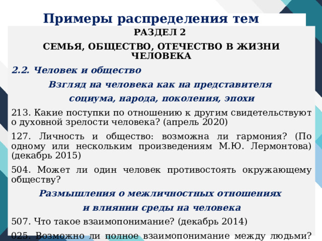 Примеры распределения тем РАЗДЕЛ 2 СЕМЬЯ, ОБЩЕСТВО, ОТЕЧЕСТВО В ЖИЗНИ ЧЕЛОВЕКА 2.2. Человек и общество Взгляд на человека как на представителя социума, народа, поколения, эпохи 213. Какие поступки по отношению к другим свидетельствуют о духовной зрелости человека? (апрель 2020) 127. Личность и общество: возможна ли гармония? (По одному или нескольким произведениям М.Ю. Лермонтова) (декабрь 2015) 504. Может ли один человек противостоять окружающему обществу? Размышления о межличностных отношениях и влиянии среды на человека 507. Что такое взаимопонимание? (декабрь 2014) 025. Возможно ли полное взаимопонимание между людьми? (декабрь 2014) 549 Возможна ли гармония между личностью и обществом? (май 2018) 