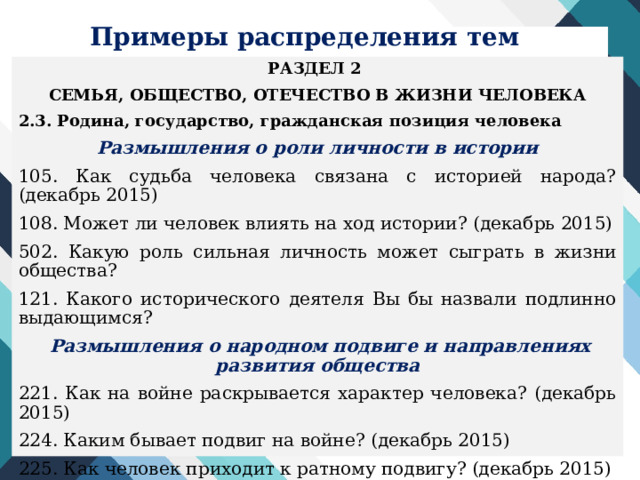Примеры распределения тем РАЗДЕЛ 2 СЕМЬЯ, ОБЩЕСТВО, ОТЕЧЕСТВО В ЖИЗНИ ЧЕЛОВЕКА 2.3. Родина, государство, гражданская позиция человека Размышления о роли личности в истории 105. Как судьба человека связана с историей народа? (декабрь 2015) 108. Может ли человек влиять на ход истории? (декабрь 2015) 502. Какую роль сильная личность может сыграть в жизни общества? 121. Какого исторического деятеля Вы бы назвали подлинно выдающимся?  Размышления о народном подвиге и направлениях развития общества 221. Как на войне раскрывается характер человека? (декабрь 2015) 224. Каким бывает подвиг на войне? (декабрь 2015) 225. Как человек приходит к ратному подвигу? (декабрь 2015) 227. Как становятся героями на войне? (декабрь 2015) 