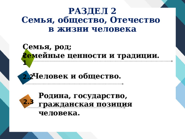 РАЗДЕЛ 2  Семья, общество, Отечество  в жизни человека Семья, род; семейные ценности и традиции. 2.1 Человек и общество. 2.2 Родина, государство, гражданская позиция человека. 2.3 