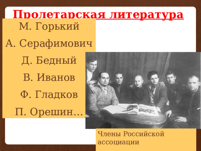 Пролетарская литература М. Горький А. Серафимович Д. Бедный В. Иванов Ф. Гладков П. Орешин… Члены Российской ассоциации  пролетарских писателей  