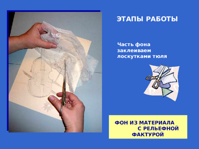 ЭТАПЫ РАБОТЫ Часть фона заклеиваем лоскутками тюля ФОН ИЗ МАТЕРИАЛА С РЕЛЬЕФНОЙ ФАКТУРОЙ 