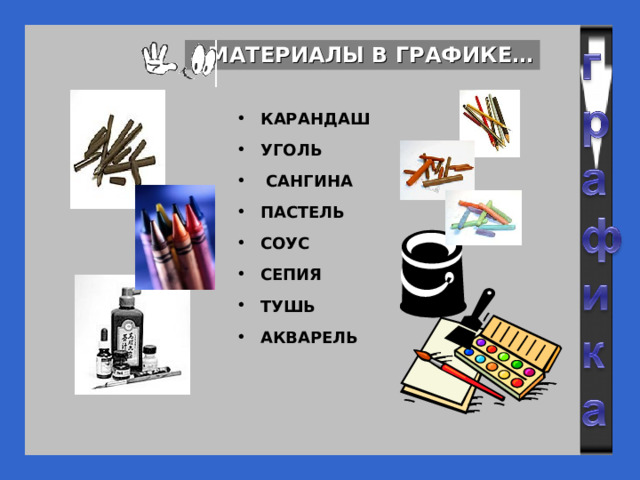 МАТЕРИАЛЫ В ГРАФИКЕ… КАРАНДАШ УГОЛЬ  САНГИНА ПАСТЕЛЬ СОУС СЕПИЯ ТУШЬ АКВАРЕЛЬ 