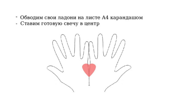 Обводим свои ладони на листе А4 карандашом - Ставим готовую свечу в центр 