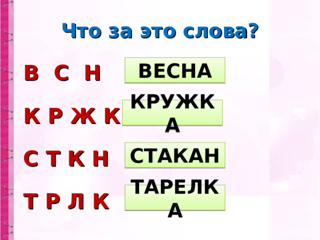 Что за это слова? В С Н К Р Ж К  С Т К Н Т Р Л К ВЕСНА КРУЖКА СТАКАН ТАРЕЛКА 