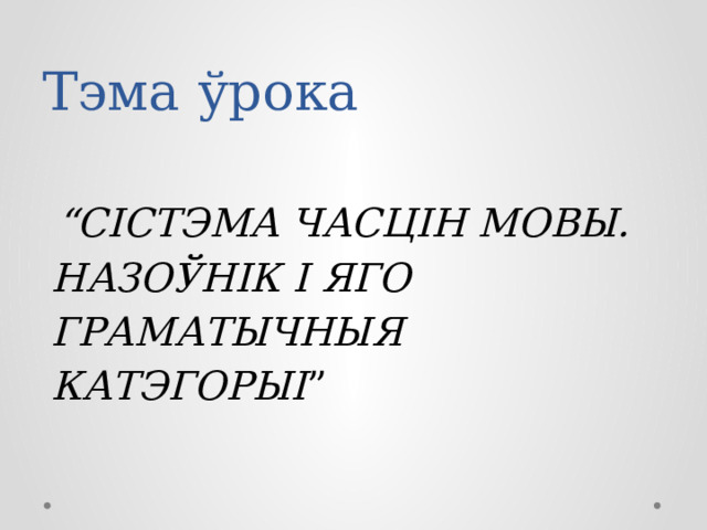 Тэма ўрока  “ СІСТЭМА ЧАСЦІН МОВЫ. НАЗОЎНІК І ЯГО ГРАМАТЫЧНЫЯ КАТЭГОРЫІ ” 