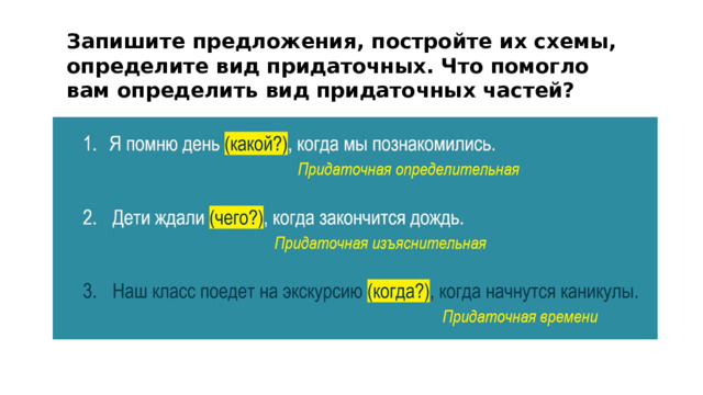 Запишите предложения, постройте их схемы, определите вид придаточных. Что помогло вам определить вид придаточных частей? 