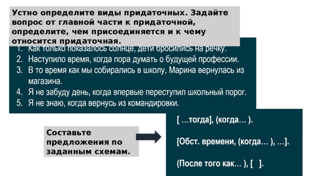 Устно определите виды придаточных. Задайте вопрос от главной части к придаточной, определите, чем присоединяется и к чему относится придаточная. Составьте предложения по заданным схемам. 