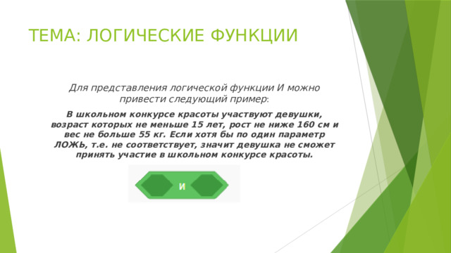 ТЕМА: ЛОГИЧЕСКИЕ ФУНКЦИИ Для представления логической функции И можно привести следующий пример : В школьном конкурсе красоты участвуют девушки, возраст которых не меньше 15 лет, рост не ниже 160 см и вес не больше 55 кг. Если хотя бы по один параметр ЛОЖЬ, т.е. не соответствует, значит девушка не сможет принять участие в школьном конкурсе красоты. 