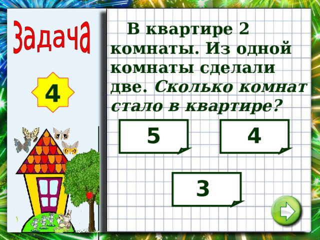  В квартире 2 комнаты. Из одной комнаты сделали две. Сколько комнат стало в квартире? 4 5 4 3 