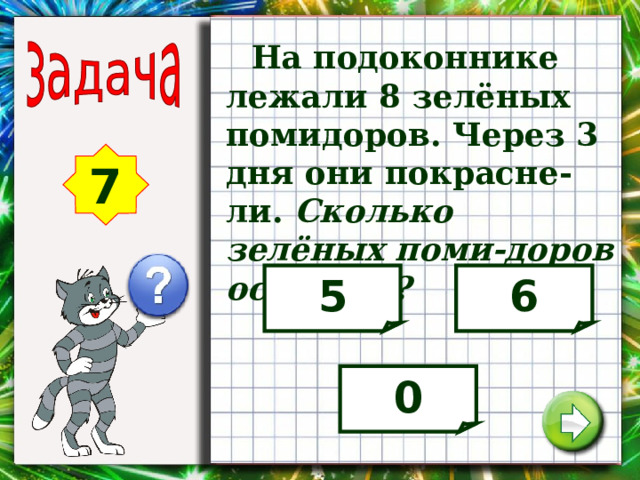  На подоконнике лежали 8 зелёных помидоров. Через 3 дня они покрасне-ли. Сколько зелёных поми-доров осталось? 7 5 6 0 