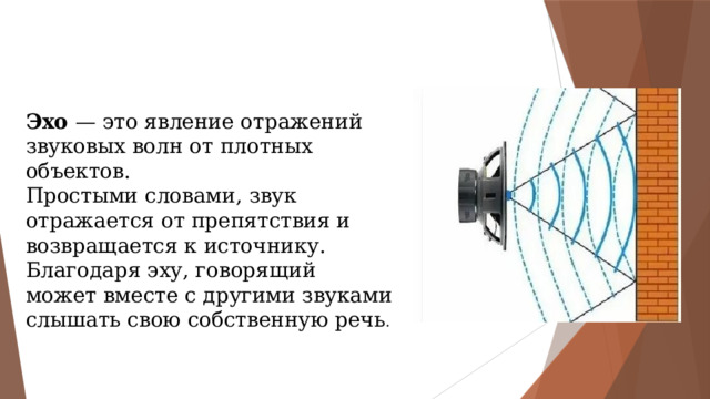 Эхо — это явление отражений звуковых волн от плотных объектов. Простыми словами, звук отражается от препятствия и возвращается к источнику. Благодаря эху, говорящий может вместе с другими звуками слышать свою собственную речь . 