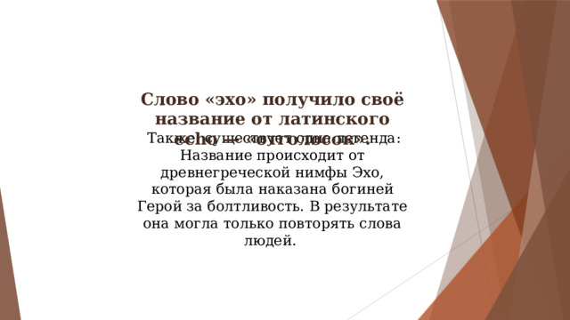Слово «эхо» получило своё название от латинского echo — «отголосок».  Также, существует одна легенда: Название происходит от древнегреческой нимфы Эхо, которая была наказана богиней Герой за болтливость. В результате она могла только повторять слова людей. 
