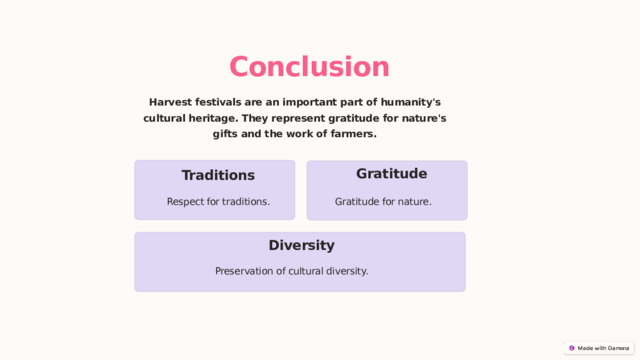  Conclusion Harvest festivals are an important part of humanity's cultural heritage. They represent gratitude for nature's gifts and the work of farmers. Gratitude Traditions Respect for traditions. Gratitude for nature. Diversity Preservation of cultural diversity. 