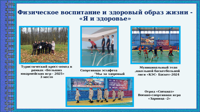 Физическое воспитание и здоровый образ жизни - «Я и здоровье» Туристический кросс-поход в рамках «Больших юнармейских игр - 2025» 3 место  . Муниципальный этап школьной баскетбольной лиги «КЭС- Баскет-2024 Спортивная эстафета 