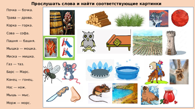Прослушать слова и найти соответствующие картинки Почка — бочка. Трава — дрова. Корка — горка. Сова — софа. Пашня — башня. Мышка — мошка. Миска — мишка. Газ — таз. Барс — Марс. Конец — гонец. Нос — нож. Мышь — мыс. Морж — морс. 