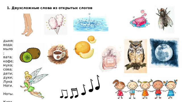  1. Двухсложные слова из открытых слогов дыня; вода; мыло; вата; кофе; муха; сова; дети; духи; Луна Ноги.  Ноты.  Киви.  Фея. 