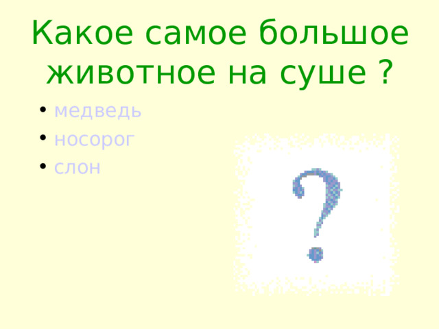 Какое самое большое животное на суше ? медведь носорог слон 