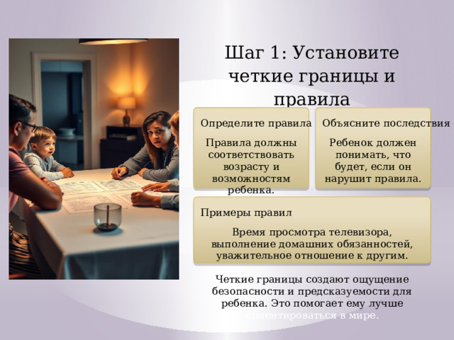 Шаг 1: Установите четкие границы и правила Определите правила Объясните последствия Правила должны соответствовать возрасту и возможностям ребенка. Ребенок должен понимать, что будет, если он нарушит правила. Примеры правил Время просмотра телевизора, выполнение домашних обязанностей, уважительное отношение к другим. Четкие границы создают ощущение безопасности и предсказуемости для ребенка. Это помогает ему лучше ориентироваться в мире.  