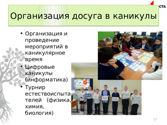 Организация досуга в каникулы Организация и проведение мероприятий в каникулярное время Цифровые каникулы (информатика) Турнир естествоиспытателей (физика, химия, биология)  