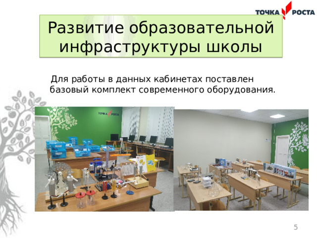 Развитие образовательной инфраструктуры школы Для работы в данных кабинетах поставлен базовый комплект современного оборудования.  