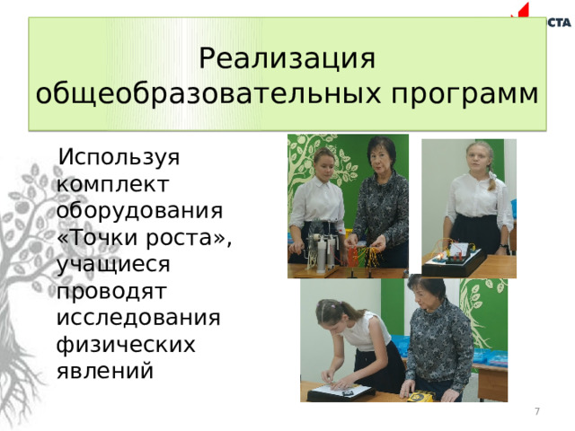 Реализация общеобразовательных программ Используя комплект оборудования «Точки роста», учащиеся проводят исследования физических явлений  