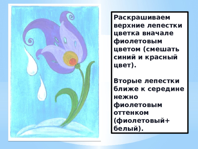 Раскрашиваем верхние лепестки цветка вначале фиолетовым цветом (смешать синий и красный цвет).  Вторые лепестки ближе к середине нежно фиолетовым оттенком (фиолетовый+ белый). 