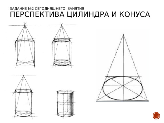 Задание №2 сегодняшнего занятия  Перспектива цилиндра и конуса 