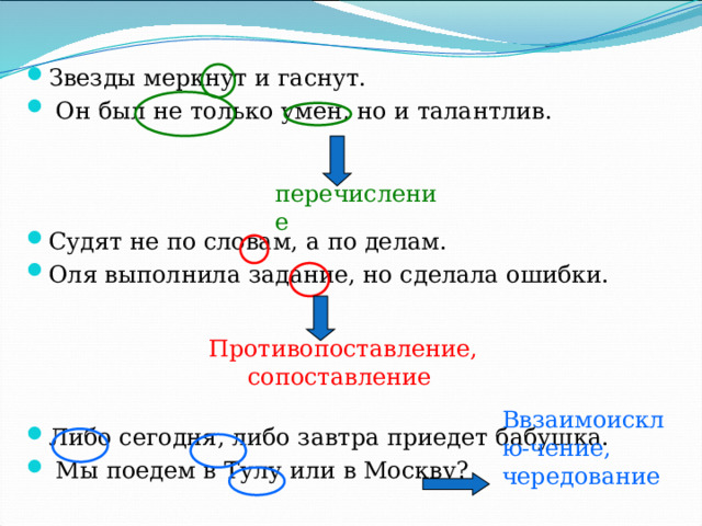Звезды меркнут и гаснут.  Он был не только умен, но и талантлив. Судят не по словам, а по делам. Оля выполнила задание, но сделала ошибки. Либо сегодня, либо завтра приедет бабушка.  Мы поедем в Тулу или в Москву? перечисление  Противопоставление, сопоставление Ввзаимоисклю-чение, чередование 