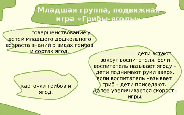 Младшая группа, подвижная игра «Грибы-ягоды» Цель: совершенствование у детей младшего дошкольного возраста знаний о видах грибов и сортах ягод. Описание: дети встают вокруг воспитателя. Если воспитатель называет ягоду – дети поднимают руки вверх, если воспитатель называет  гриб – дети приседают.  Далее увеличивается скорость игры. Материал: карточки грибов и ягод. 