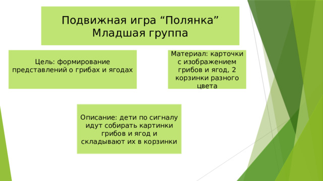 Подвижная игра “Полянка” Младшая группа Цель: формирование представлений о грибах и ягодах Материал: карточки с изображением грибов и ягод, 2 корзинки разного цвета Описание: дети по сигналу идут собирать картинки грибов и ягод и складывают их в корзинки 