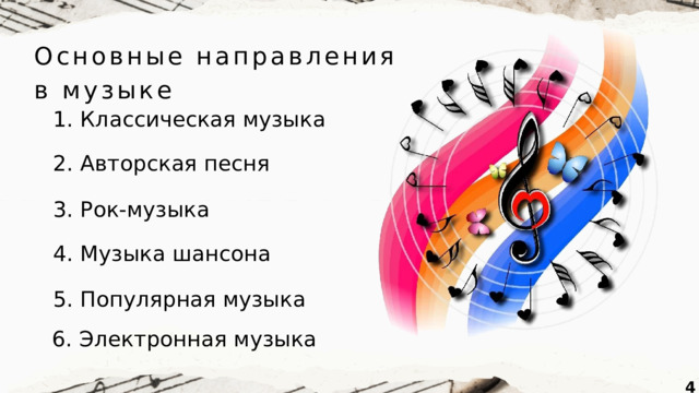 Основные направления в музыке 1. Классическая музыка 2. Авторская песня 3. Рок-музыка 4. Музыка шансона 5. Популярная музыка 6. Электронная музыка  