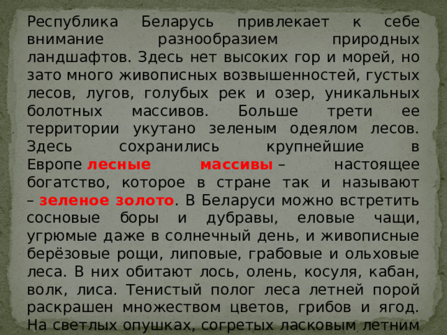 Республика Беларусь привлекает к себе внимание разнообразием природных ландшафтов. Здесь нет высоких гор и морей, но зато много живописных возвышенностей, густых лесов, лугов, голубых рек и озер, уникальных болотных массивов. Больше трети ее территории укутано зеленым одеялом лесов. Здесь сохранились крупнейшие в Европе  лесные массивы   – настоящее богатство, которое в стране так и называют –  зеленое золото . В Беларуси можно встретить сосновые боры и дубравы, еловые чащи, угрюмые даже в солнечный день, и живописные берёзовые рощи, липовые, грабовые и ольховые леса. В них обитают лось, олень, косуля, кабан, волк, лиса. Тенистый полог леса летней порой раскрашен множеством цветов, грибов и ягод. На светлых опушках, согретых ласковым летним теплом, растут многочисленные целебные травы. Их и поныне, как столетия назад, собирают местные жители. 