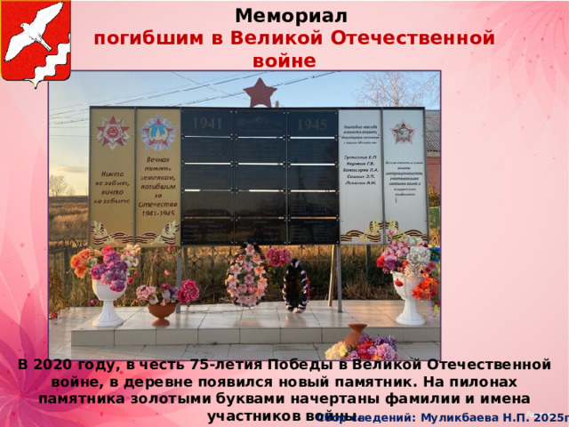 Мемориал  погибшим в Великой Отечественной войне С Верхний Бугалыш, Красноуфимский район В 2020 году, в честь 75-летия Победы в Великой Отечественной войне, в деревне появился новый памятник. На пилонах памятника золотыми буквами начертаны фамилии и имена участников войны. Сбор сведений: Муликбаева Н.П. 2025г 