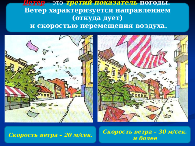 Ветер – это третий показатель погоды. Ветер характеризуется направлением (откуда дует)  и скоростью перемещения воздуха.  Скорость ветра – 20 м/сек. Скорость ветра – 30 м/сек. и более 