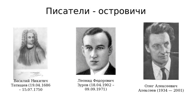 Писатели - островичи Леонид Федорович Зуров (18.04.1902 – 09.09.1971) Василий Никитич Татищев (19.04.1686 – 15.07.1750 Олег Алексеевич Алексеев (1934 — 2001) 