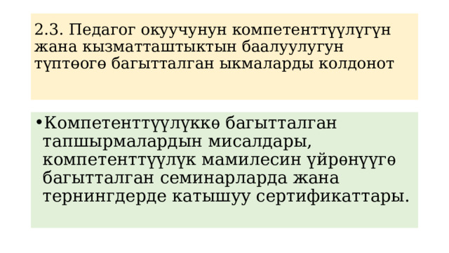 2.3. Педагог окуучунун компетенттүүлүгүн жана кызматташтыктын баалуулугун түптөогө багытталган ыкмаларды колдонот   Компетенттүүлүккѳ багытталган тапшырмалардын мисалдары, компетенттүүлүк мамилесин үйрѳнүүгѳ багытталган семинарларда жана тернингдерде катышуу сертификаттары. 
