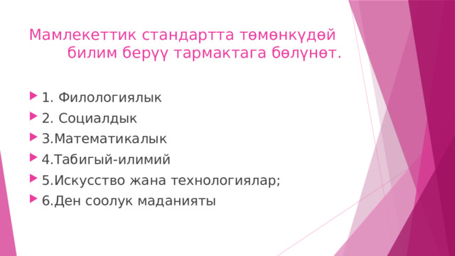 Мамлекеттик стандартта төмөнкүдөй билим берүү тармактага бөлүнөт . 1. Филологиялык 2. Социалдык 3.Математикалык 4.Табигый-илимий 5.Искусство жана технологиялар; 6.Ден соолук маданияты 