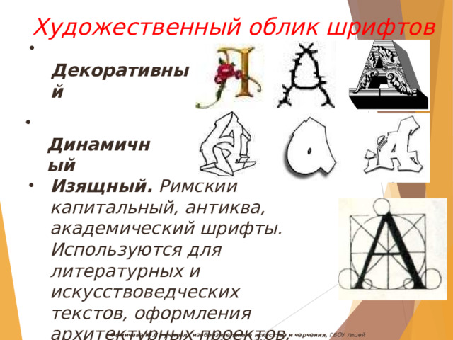 Художественный облик шрифтов  Декоративный  Динамичный Изящный. Римский капитальный, антиква, академический шрифты. Используются для литературных и искусствоведческих текстов, оформления архитектурных проектов, написания текстов на мемориальных досках. Фомичева Ю.С., учитель изобразительного искусства и черчения, ГБОУ лицей №1564, Москва, 2014 
