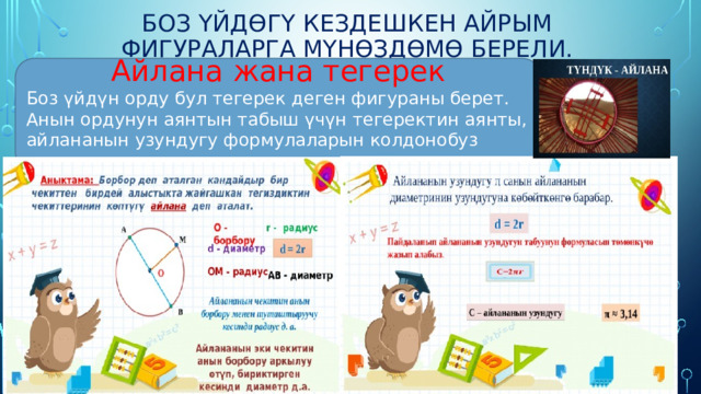 Боз үйдөгү кездешкен айрым фигураларга мүнөздөмө берели. Айлана жана тегерек Боз үйдүн орду бул тегерек деген фигураны берет. Анын ордунун аянтын табыш үчүн тегеректин аянты, айлананын узундугу формулаларын колдонобуз  